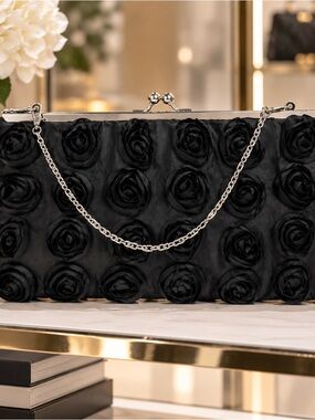 Black Rose Fabric Vintage Clutch, Wallet Frame, Short Silver Chain, 2000s